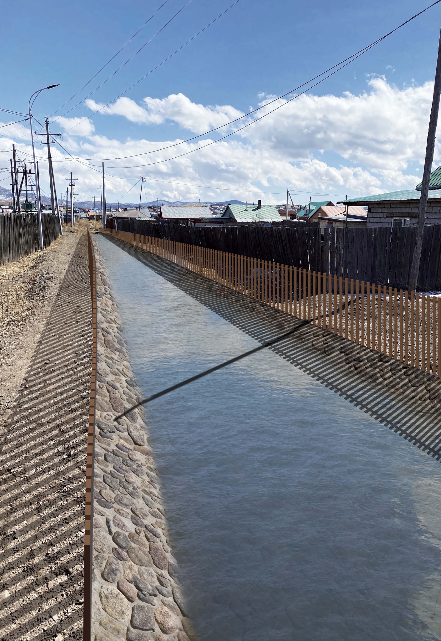 landscape render of the Erdenet climate adaptation water channels and basins